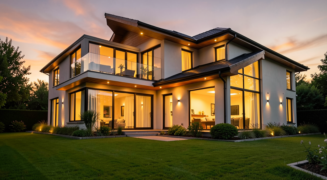 Modern house exterior at dusk, real estate concept