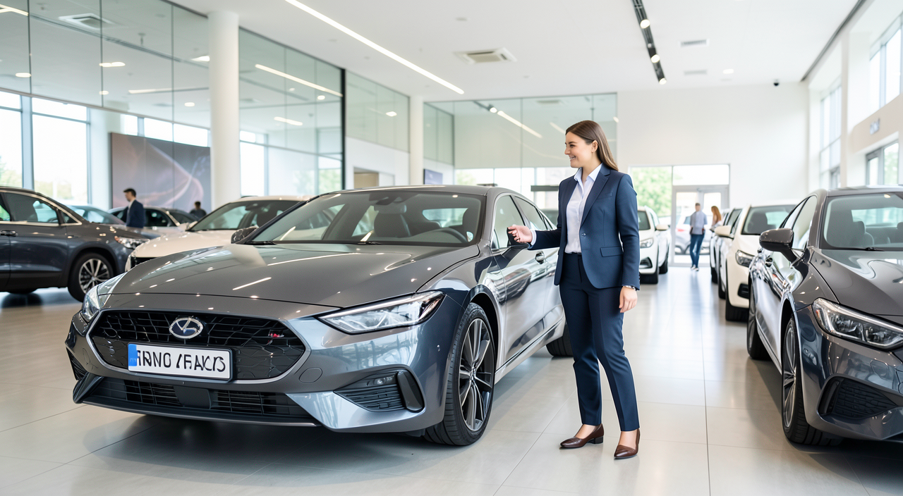 Car dealership showroom with a salesperson