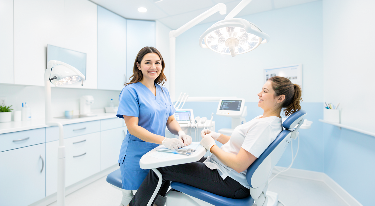 Modern dental clinic with a friendly dentist and patient