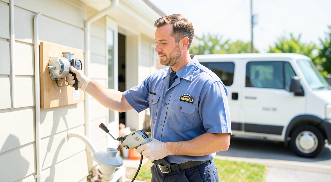 Professional HVAC technician working at a residential home