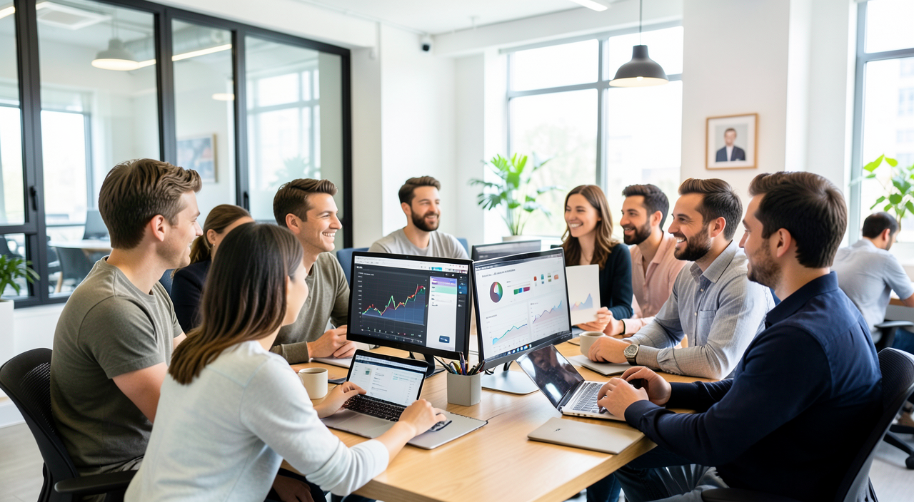 Creative marketing agency team collaborating with analytics dashboards